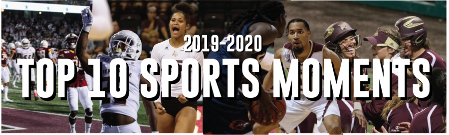 A banner with photos from Texas State sports in 2019-20, with the words 2019-2020 Top 10 Sports Moments.