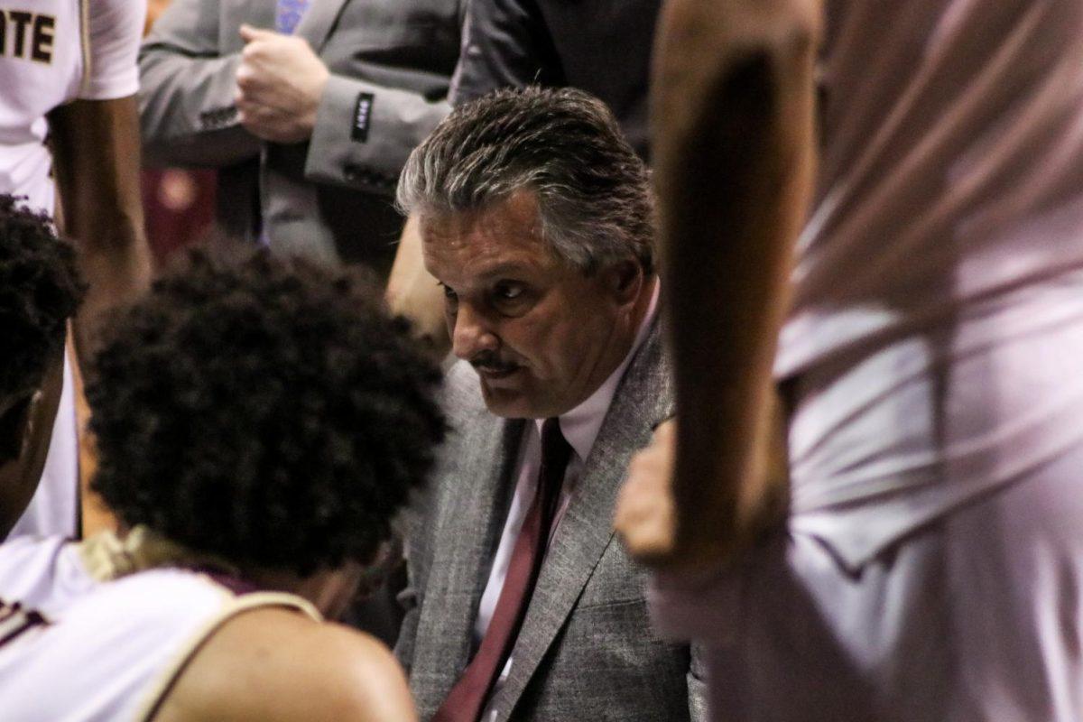Texas State Head Coach Danny Kaspar talks to his team during a timeout, Saturday, Jan. 25, 2020, at Strahan Arena in a game vs. UTA.