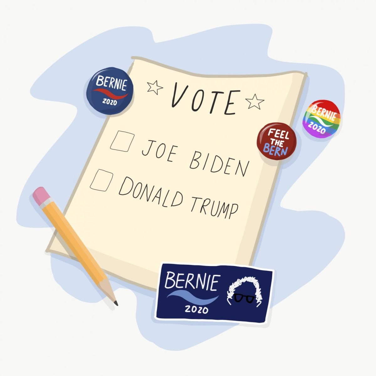An illustration of a voting ballot with the options “Joe Biden” and “Donald Trump”. The ballot is surrounded by Bernie Sanders campaign buttons and stickers and a pencil.