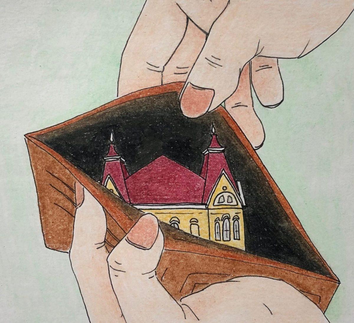 An illustration of hands holding a wallet with Texas State’s Old Main inside of it.