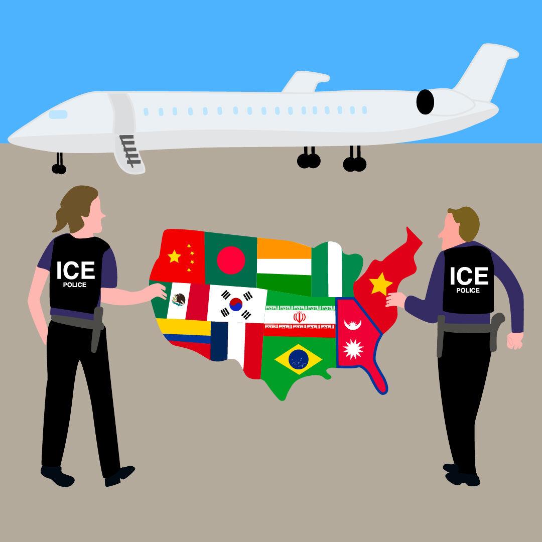 Two ICE officers, one woman and one man, are escorting an outline of the United States covered in various international flags toward a plane. The flags symbolize the countries of Mexico, China, Bangladesh, Columbia, Nigeria, Iran and more.