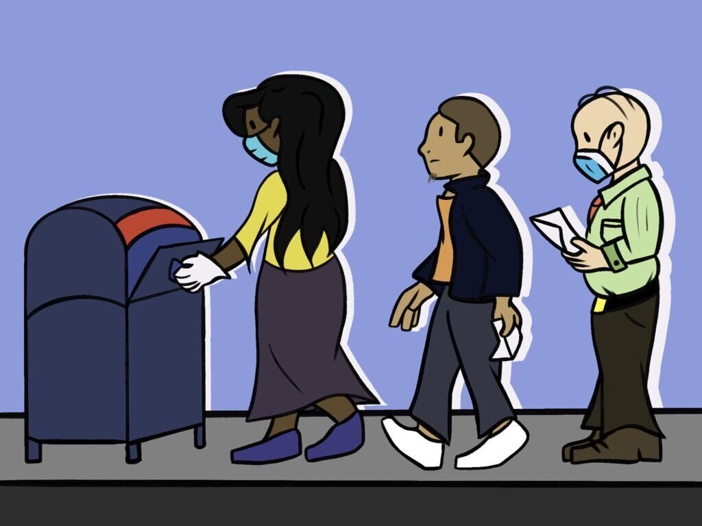 An illustration of a young woman and two men stand in line holding voting ballots to put them in a mailbox. The woman and the older man are wearing masks.