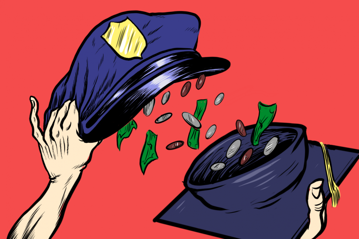 A hand holding a police hat spills coins and bills into a graduation cap.