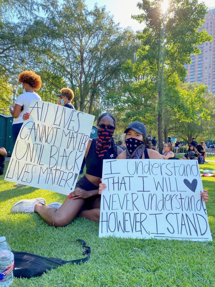 Tyeranee Scott (left) and her friend Cameron Flores (right) attended a protest in Houston, Texas in which the family of George Floyd spoke to the crowd.