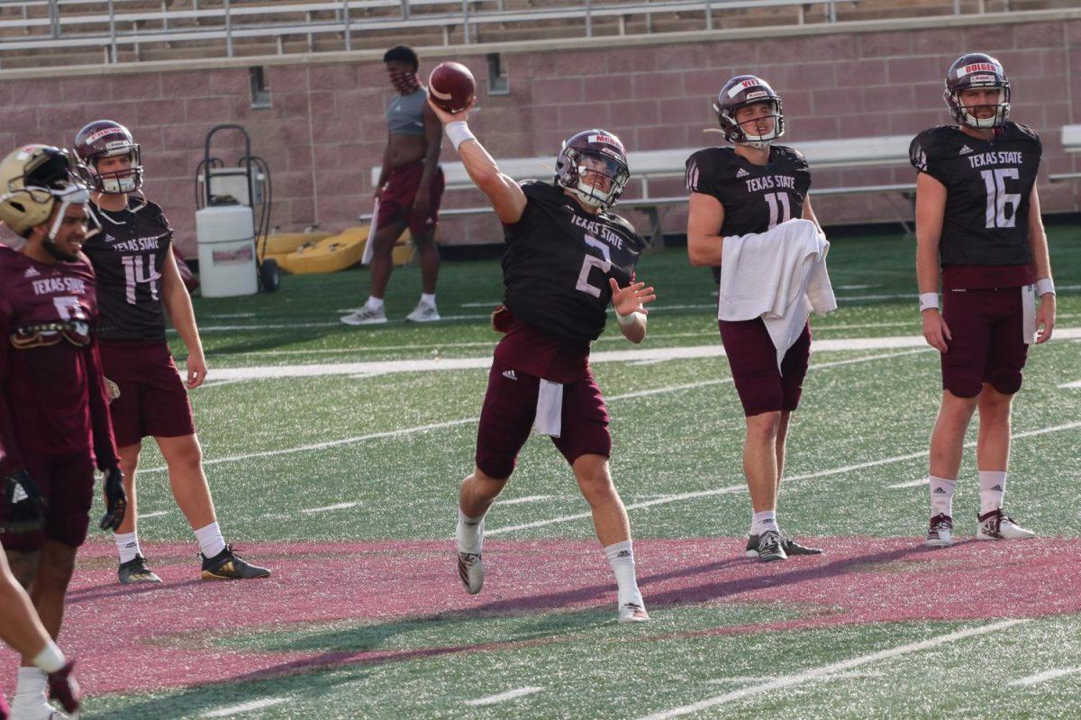 Transfer+sophomore+quarterback+Brady+McBride+passes+the+ball+to+a+wide+receiver+in+a+drill+during+the+Bobcats%26%238217%3B+fall+camp%2C+Tuesday%2C+August+11%2C+2020%2C+at+Bobcat+Stadium.