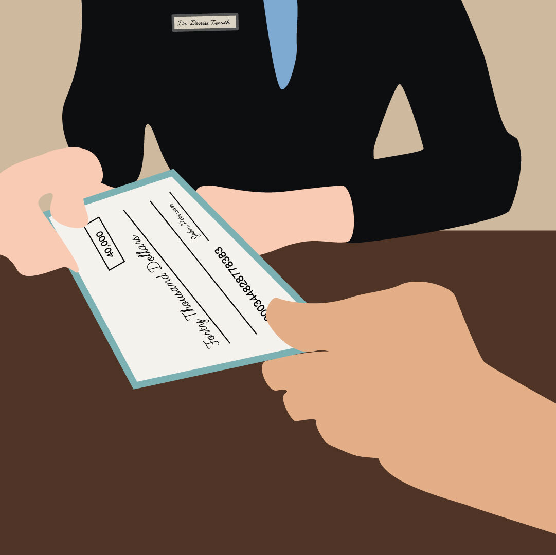 An illustration of President Denise Trauth in a suit handing off a check for forty thousand dollars.