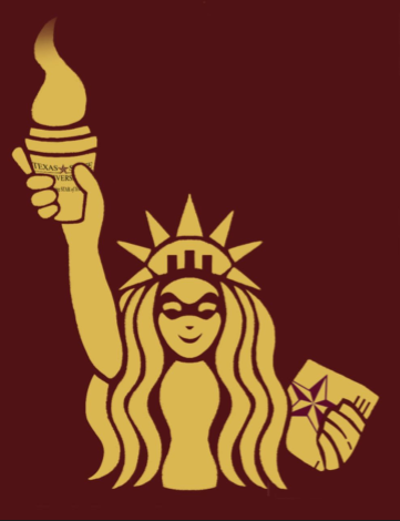 An illustration of a gold Starbucks logo as the Statue of Liberty raising a coffee cup in its right hand. The background is maroon.