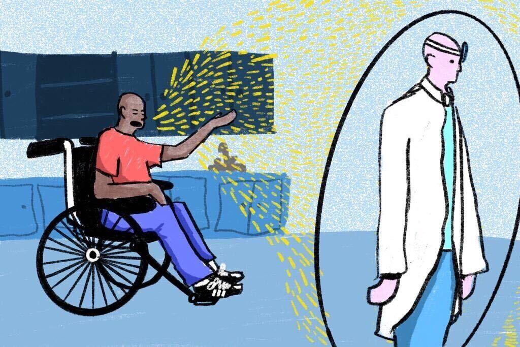 An illustration of a Black man in a wheelchair wearing a red shirt and blue jeans is ignored by his doctor. They are at the doctors office. The doctor is surrounded by a shield that allows him to remain unbothered by the man in the wheelchair.