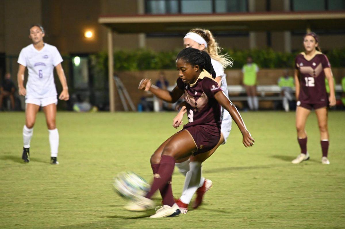 Texas State sophomore forward/defender Kamaria Williams (3) kicks the ball while being defended during the women’s soccer game against Central Arkansas, Friday, Sept. 18, 2020, at the Bobcat Soccer Complex.