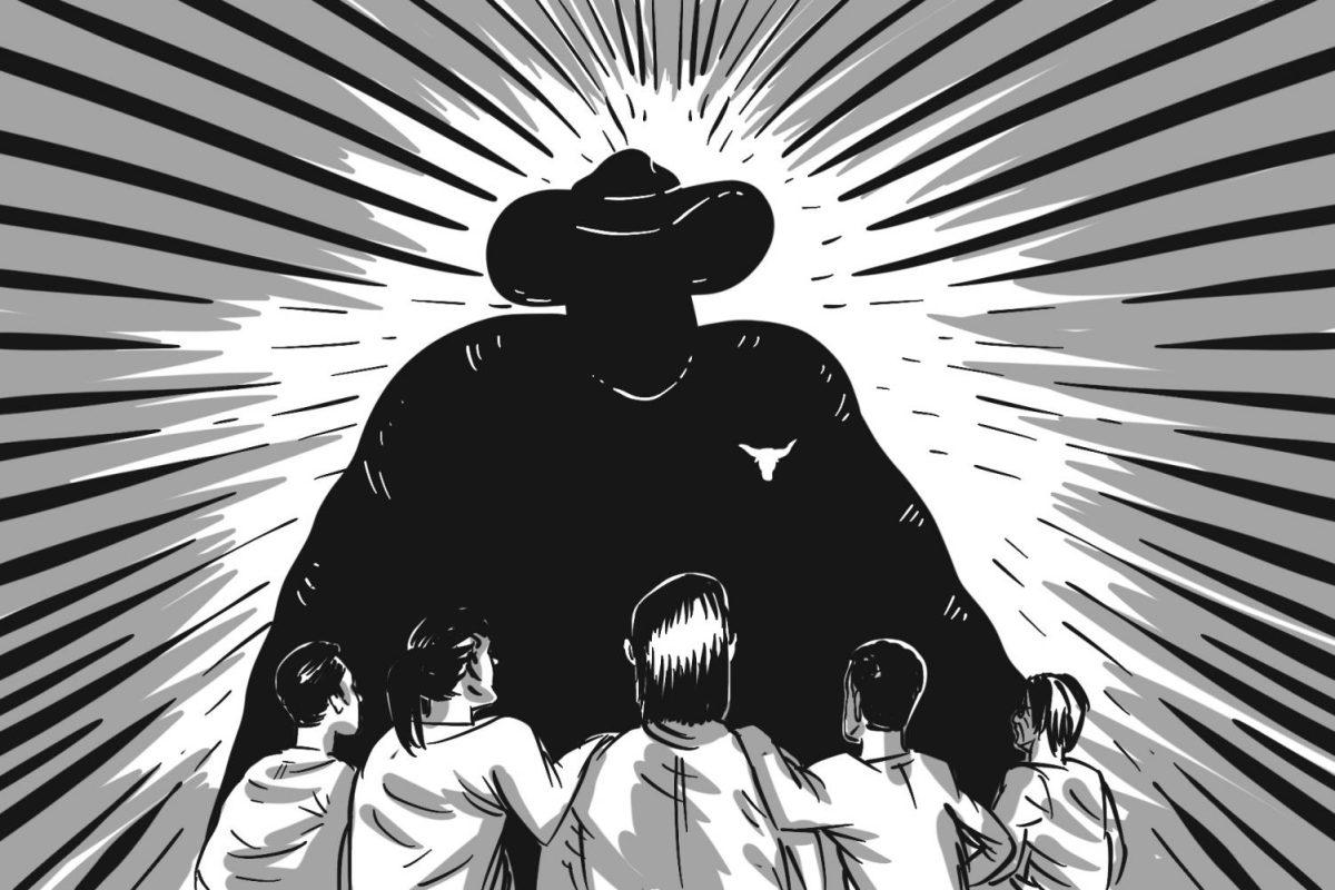 An illustration of a large-shadowed figure wearing a cowboy hat and a University of Texas logo stands in the way of a group of people.