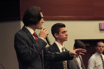 Student Body President Catching Valentinis-Dee (left) and Vice President Andrew Florence (right) answer questions from audience members during the Student Government Presidential Debate, Monday, Feb. 10, 2020, in the LBJ Teaching Theater.