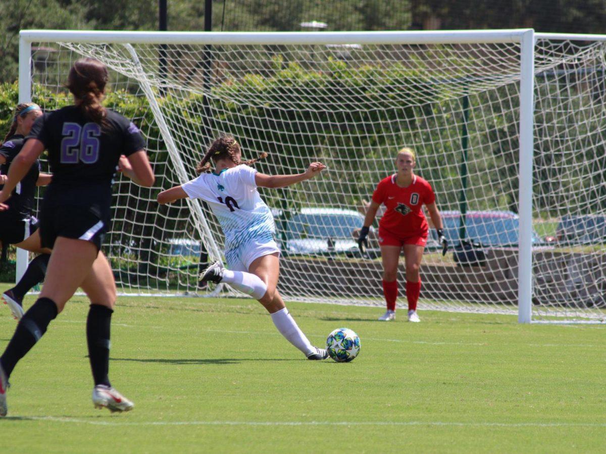 Texas State senior forward Sydney Kammer (10) attempts a shot during a game against Abilene Christian, Sunday, Sept. 13, 2020, at the Bobcat Soccer Complex. Texas State lost the match 2-3 in overtime.