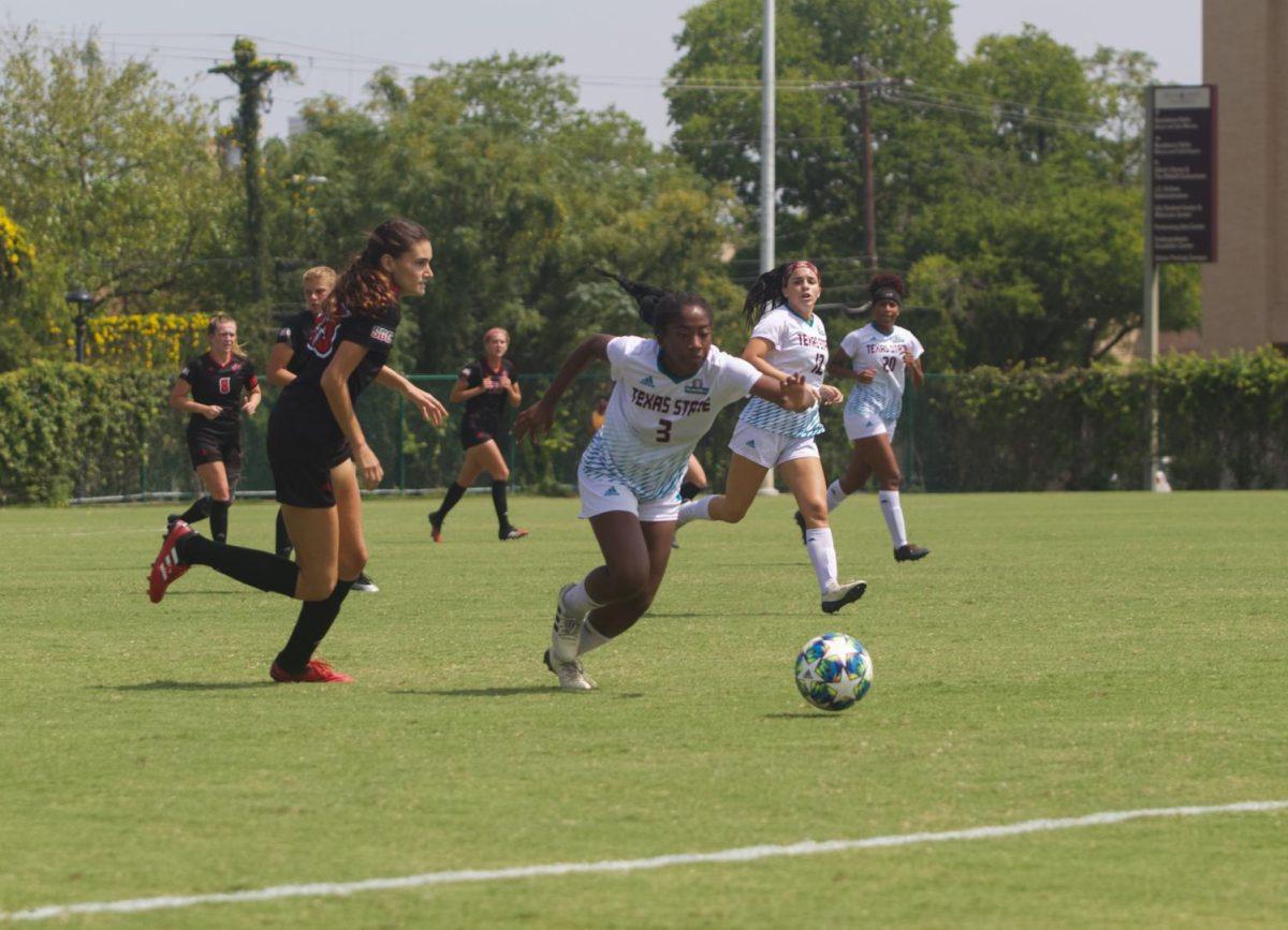 Texas State sophomore forward/defender Kamaria Williams (3) rushes forward with the ball during a game against the University of Louisiana Lafayette, Sunday, Sept. 20, 2020, at the Bobcat Soccer Complex.