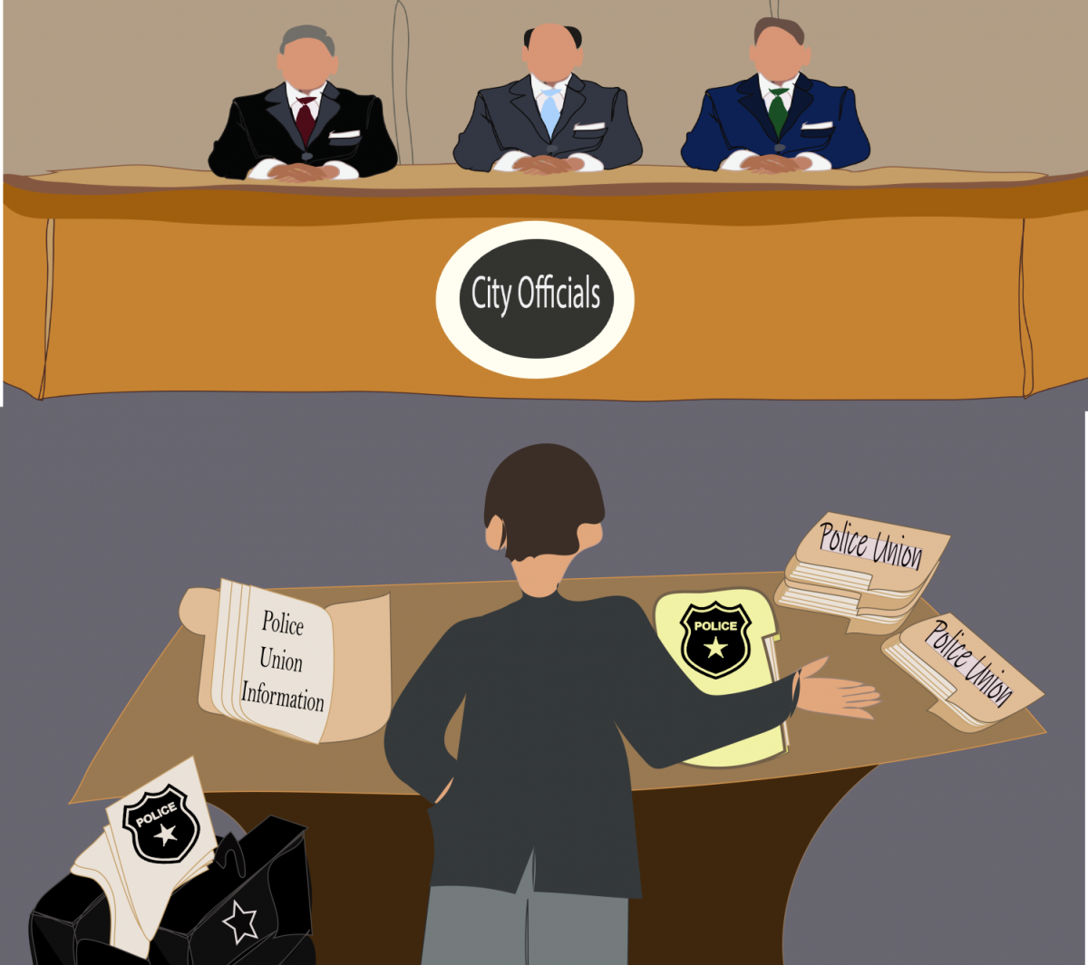 An illustration of a lawyer for police unions standing before three male city officials making demands on behalf of the union. Various folders are laid out in front of the lawyer that read, “Police Union Information” and “Police.”