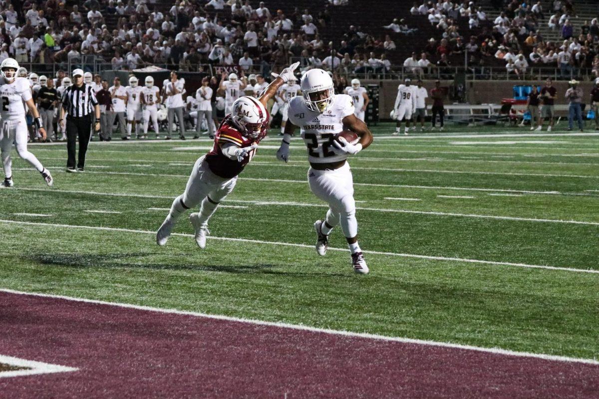 In this file photo, running back Calvin Hill (22) sprints past a Warhawk defender to get in the endzone during the second quarter, Thursday, Oct. 10, 2019, against Louisiana-Monroe at Bobcat Stadium.