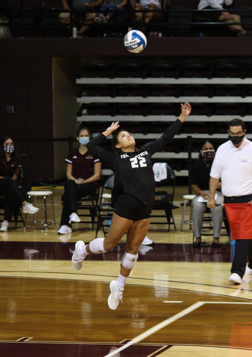 Texas+State+redshirt+freshman+defensive+specialist+Kayla+Tello+%2822%29+prepares+to+serve+the+ball+to+the+University+of+Louisiana+at+Monroe+opponents%2C+Friday%2C+Sept.+25%2C+2020%2C+at+Strahan+Arena.+Texas+State+won+3-0+against+the+Warhawks.