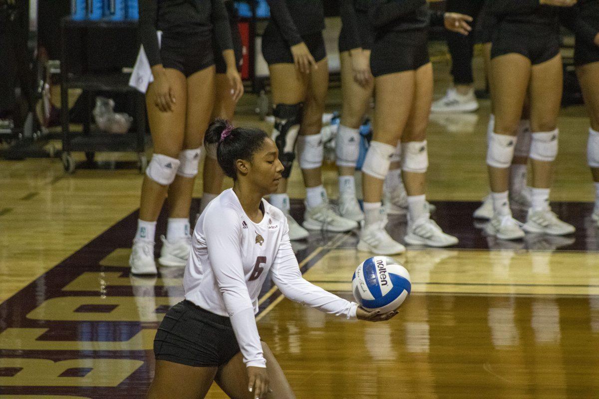 Texas State junior defensive specialist Kayla Granado (6) prepares to serve the ball across to the University of Arkansas at Little Rock during a game, Saturday, Oct. 24, 2020, at Strahan Arena. The Bobcats won 3-0 against the Trojans.
