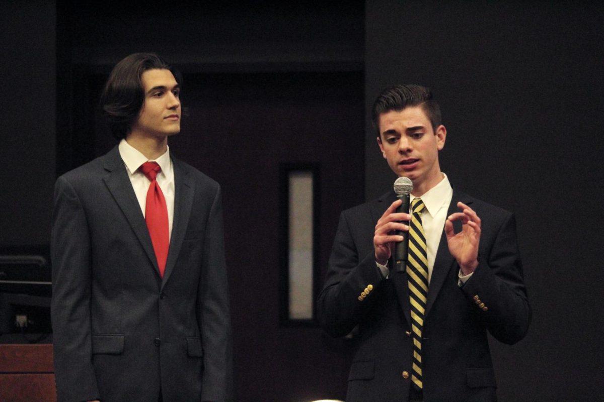 President-Elect Catching Valentinis-Dee (left) and Vice-President-Elect Andrew Florence (right) answer questions from audience members during the Student Government Presidential Debate, Monday, Feb. 10, 2020, in the LBJ Teaching Theater.