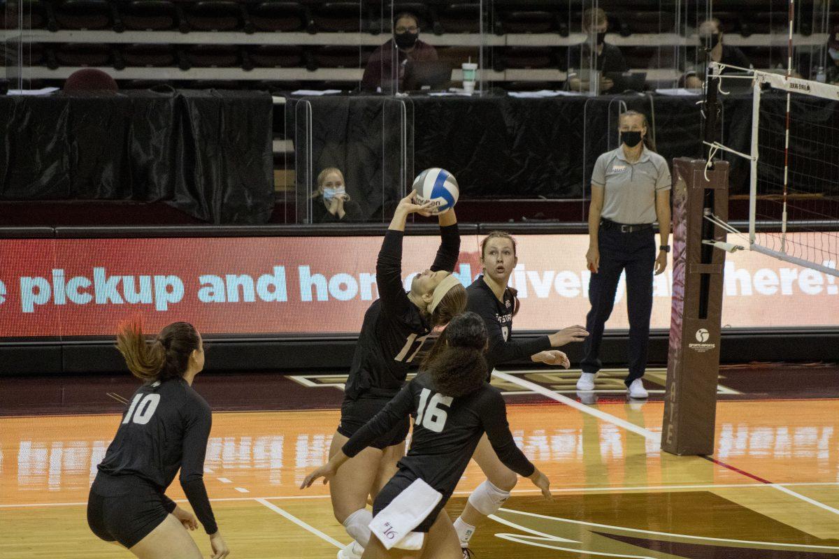 Texas State junior setter Emily DeWalt (17) sets the ball for a teammate during a game against the University of Arkansas at Little Rock, Saturday, Oct. 24, 2020, at Strahan Arena. The Bobcats won 3-0 against the Trojans.