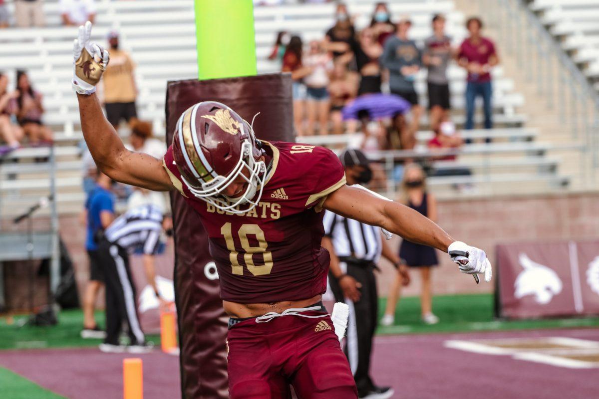Texas State junior wide receiver Marcell Barbee celebrates a successful play vs. the Southern Methodist University Mustangs, Sept. 5, 2020, at Bobcat Stadium. The Bobcats lost on the road 17-37 against the Troy University Trojans Oct. 10.