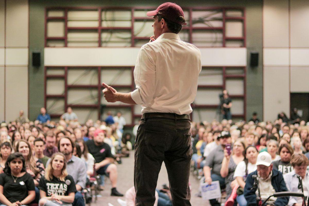 In+this+file+photo%2C+Beto+O%26%238217%3BRourke+speaks+to+a+crowd+during+his+senatorial+campaign+town+hall+in+the+LBJ+Student+Center%2C+Sunday%2C+Sept.+9%2C+2018%2C+at+Texas+State.%26%23160%3B