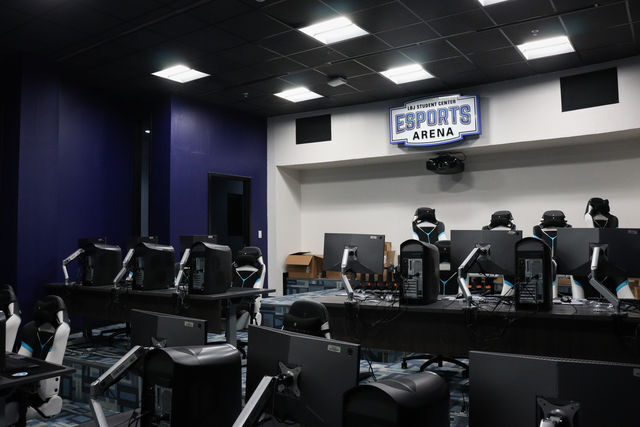 The new esports lounge remains under construction awaiting final touches, Friday, Oct. 23, 2020, on the first floor of the LBJ Student Center. The entirety of the new lounge consists of tiered levels with three desktop computers on each side facing a large projector screen.
