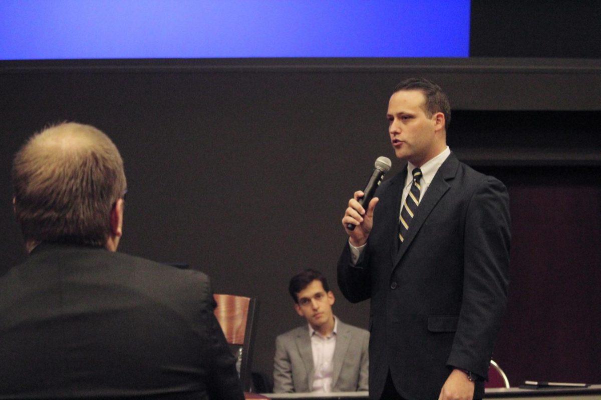 Presidential candidate Cody DeSalvo speaks in the presidential portion of the Student Government Presidential Debate, Monday, Feb. 10, 2020, in the LBJ Teaching Theater.