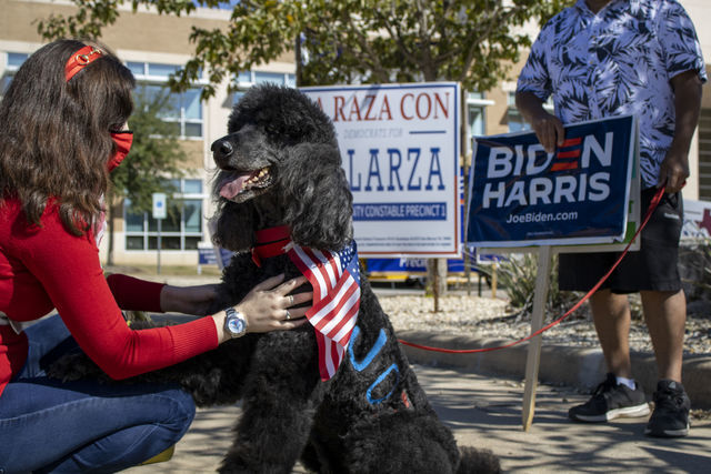 Big Wig greets voter Amy Wallis on Election Day, Tuesday, Nov. 3, 2020, at the Hays County Government Center. Big Wigs owners, Jenny and Roland Ortiz, show support for Presidential candidate Joe Biden outside the polls.