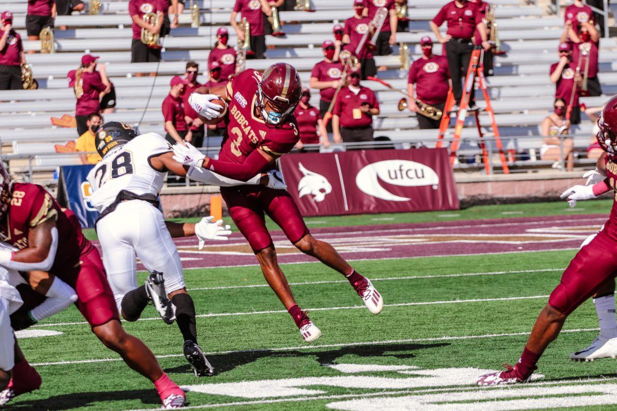 Texas State senior wide receiver Jeremiah Haydel (3) runs the ball up the field after catching the kick return from Appalachian State University, Saturday, Nov. 7, 2020, at Bobcat Stadium. The Bobcats lost 38-17.