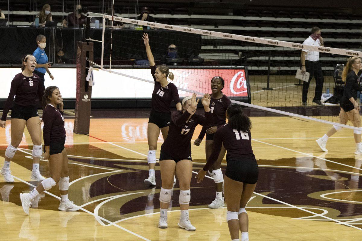The Texas State womens volleyball team celebrates scoring a point during the second set of a game against the University of Louisiana at Monroe, Friday, Sept. 25, 2020, at Strahan arena. Texas State beat the University of Louisiana at Monroe 3-0.