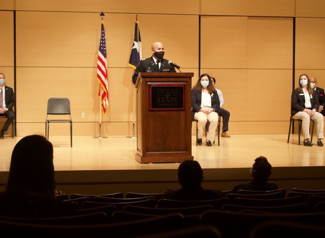 First Lieutenant Anthony Ayala speaks to the audience during the Texas State Annual Veterans Day Commemoration Wednesday, November 11, 2020 at the Texas State University Performing Arts Center. Ayala was the keynote speaker of the ceremony.