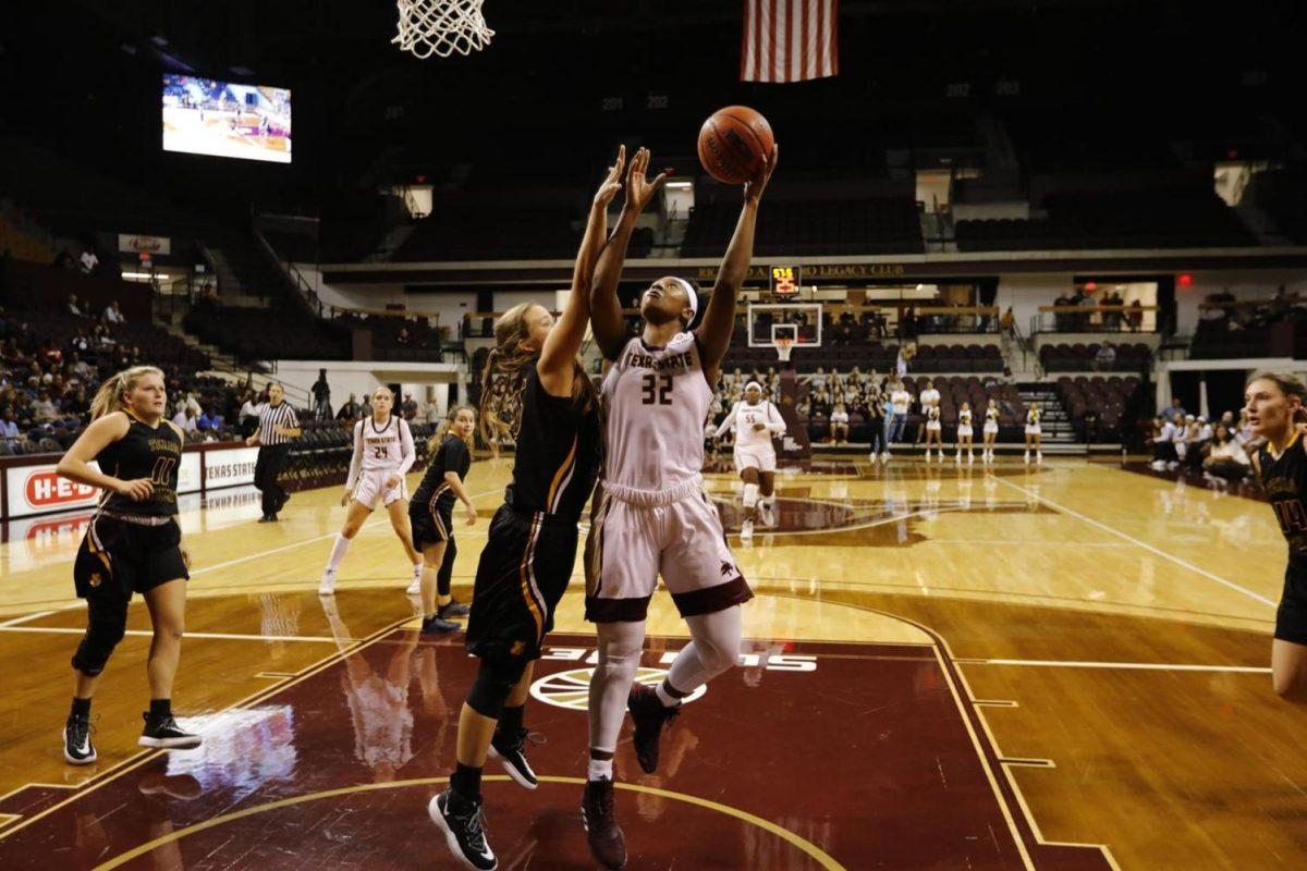 Sophomore forward Da-Nasia Hood goes in for a layup at Oral Roberts. Photo courtesy of Texas State Athletics.