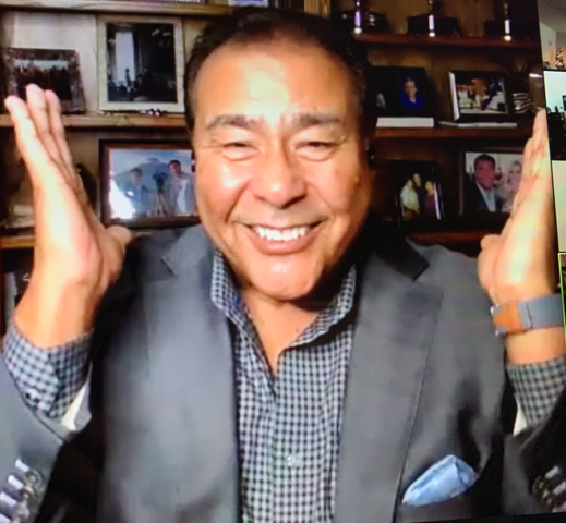 John Quiñones smiles to wave at his webcam after his speech at Common Experiences virtual LBJ Distinguished Lecture Series event Nov. 9 via YouTube Live. 