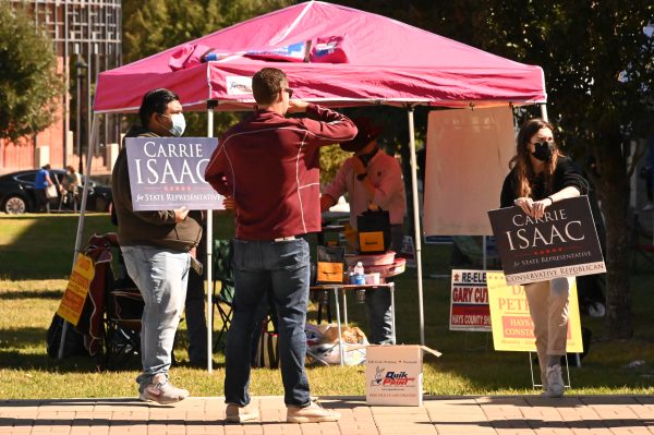 Electioneers and voters hold signs next to the polls, Tuesday, Nov. 3,  2020, at the Performing Arts Center on Texas State's campus.