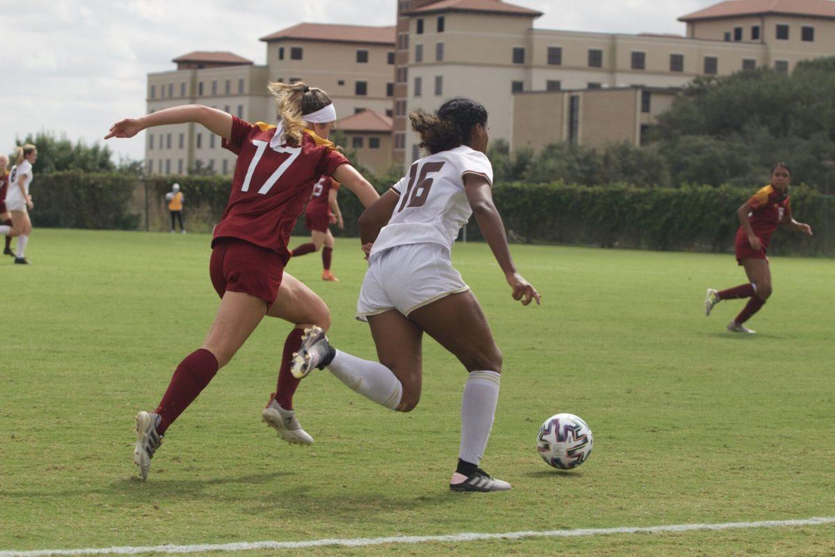 Texas State sophomore forward/midfielder Kiara Gonzales (16) and University of Louisiana at Monroe senior left winger Taylor Altieri (17) pursue the ball, Sunday, Oct. 25, 2020, at the Bobcat Soccer Complex. The Bobcats won 3-1 over the Warhawks.