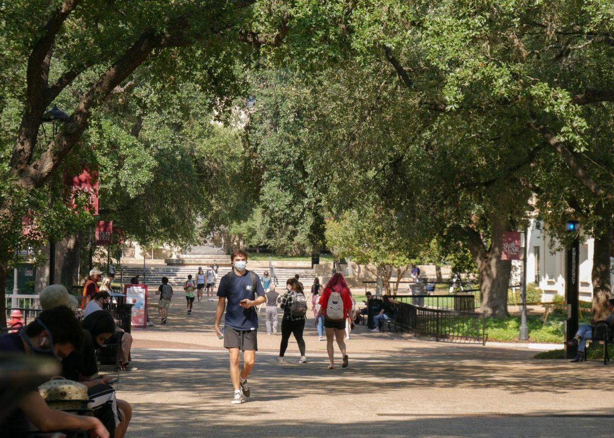 Students fill the Quad on the first day of school, Monday, Aug. 24, 2020, on Texas State’s campus.