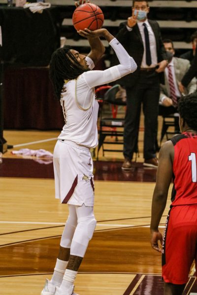 Texas State senior forward Isiah Small (1) prepares to shoot a free throw after being fouled by an Incarnate Word player during a game, Saturday, Dec. 5, 2020, at Strahan Arena. The Bobcats won 72-64.
