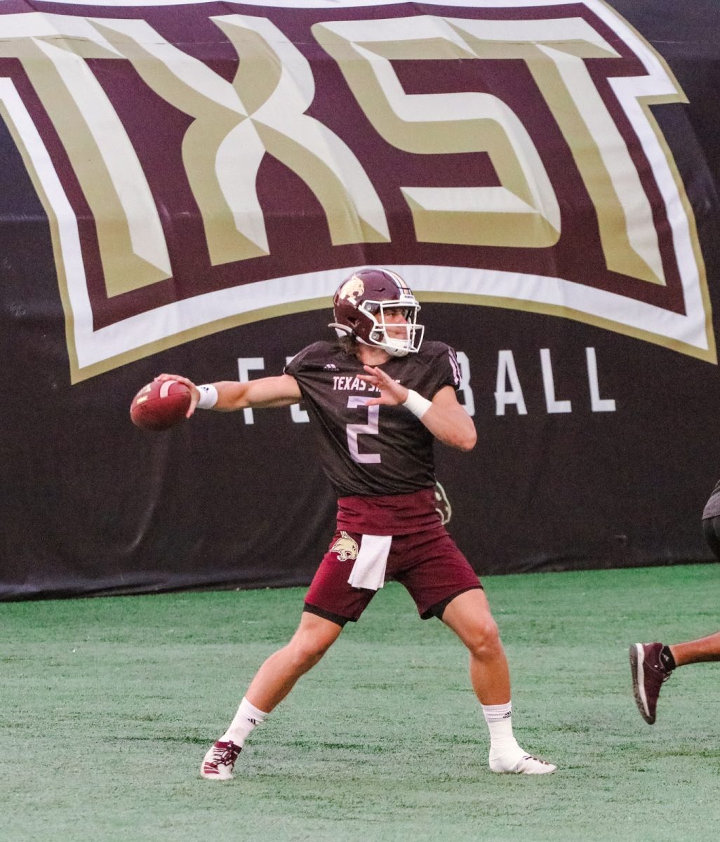 Texas+State+sophomore+quarterback+Brady+McBride+gets+ready+to+throw+the+football+to+a+target+during+practice%2C+Tuesday%2C+Sept.+29%2C+2020%2C+at+Bobcat+Stadium.