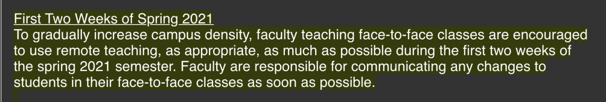 A screenshot from an email sent by Texas State Provost and Vice President for Academic Affairs Gene Bourgeois to faculty and staff encouraging faculty members teaching face-to-face classes in the spring semester to use remote teaching.