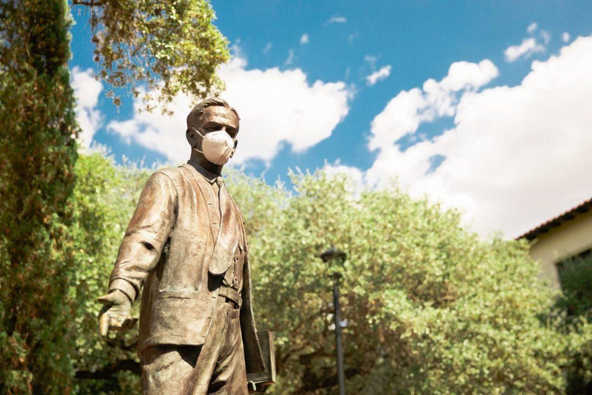 The LBJ statue wears a protective mask, Friday, Aug. 28, 2020, near the Quad on Texas State’s campus.