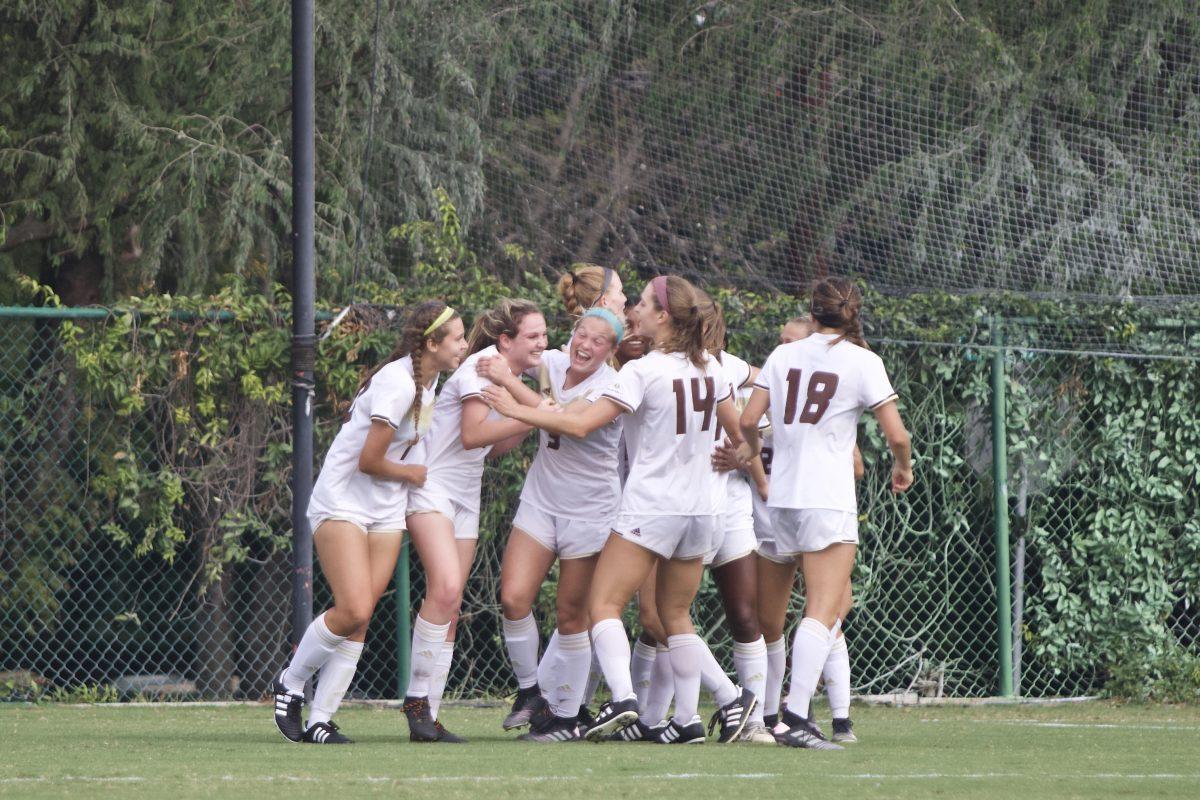 The Texas State womens soccer team embraces following their second goal of the game, bringing the score to 2-1 against the University of Louisiana at Monroe, Sunday, Oct. 25, 2020, at the Bobcat Soccer Complex. The Bobcats won 3-1 over the Warhawks.