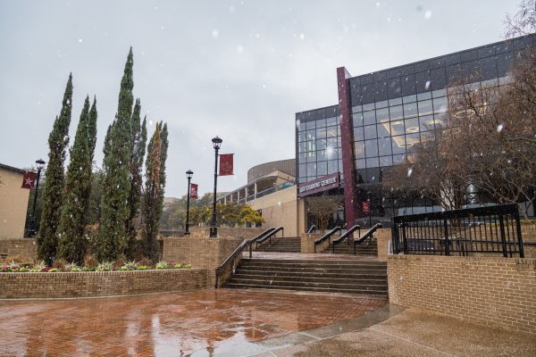 Snow falls near the LBJ Student Center, Sunday, Jan. 10, 2021, at Texas State.