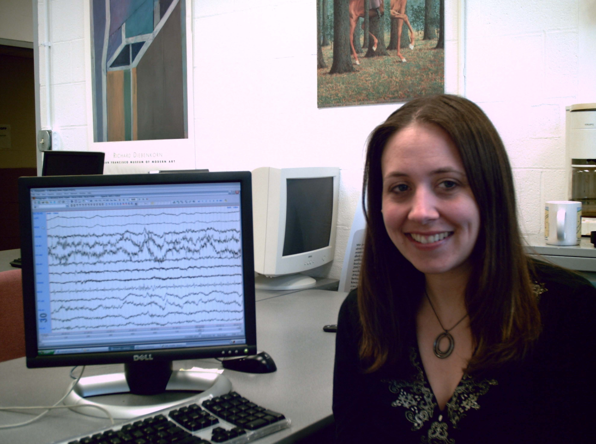 Psychology professor Dr. Carmen Westerberg analyzes sleep EEG data at Northwestern University in 2009.
