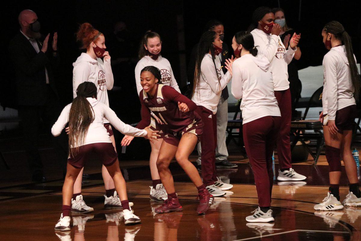 Texas+State+senior+guard+Avionne+Alexander+%281%29+high+fives+her+teammates+as+she+is+announced+as+a+starter+for+the+game+against+the+University+of+Louisiana+Monroe%2C+Saturday%2C+Jan.+23%2C+2021%2C+at+Strahan+Arena.+The+Bobcats+won+64-50.