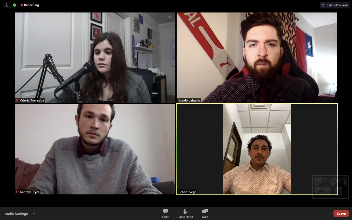 (Bottom left to right) Student Government presidential candidates Andrew Gryce and Richard Vega answer moderator questions, Wednesday, Feb. 10, 2021, at the Student Government Presidential Debate via Zoom.