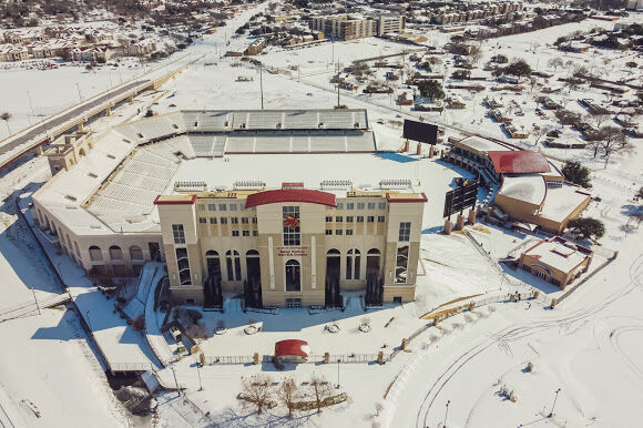 Snow covers Bobcat Stadium, Monday, Feb. 15, 2021, at Texas State.