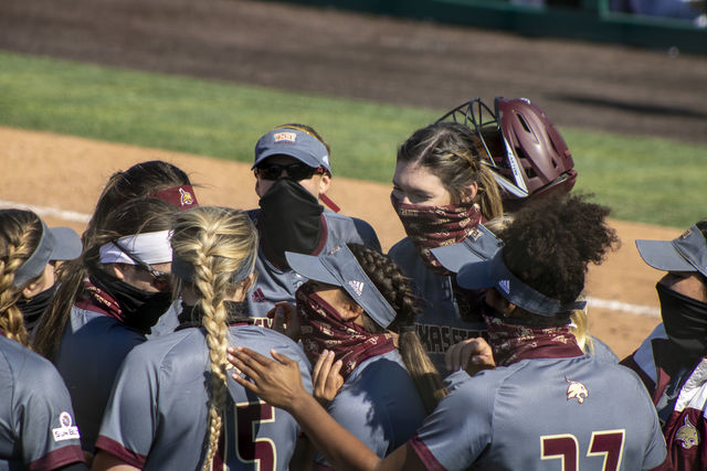 The+Bobcats+cheer+after+sophomore+pitcher+Tori+McCann+%2815%29+catches+the+ball+for+the+third+out+of+the+inning%2C+Saturday%2C+March+6%2C+2021%2C+at+Bobcat+Softball+Stadium.+Texas+State+defeated+the+University+of+Houston+in+an+8-0+shutout+in+the+second+game+of+a+three-game+series.