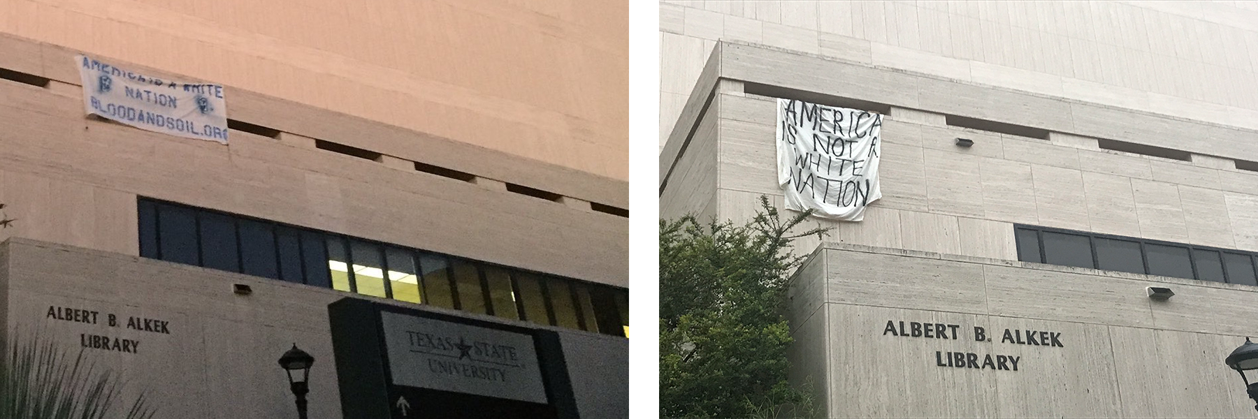 White+nationalist+banner+posted+on+exterior+of+Alkek+Library