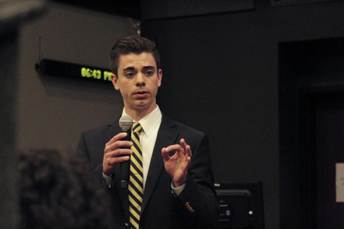 Vice-presidential candidate Andrew Florence answers questions during the vice-presidential portion of the Student Government Presidential Debate, Monday, Feb. 10, 2020, in the LBJ Teaching Theater. Florence issued a statement claiming the Student Government Supreme Court’s Feb. 25 injunction as unconstitutional. As of March 2, Florence has been suspended from his position of Student Body Vice President until he agrees to follow the Student Government Supreme Court order or wins an appeal.