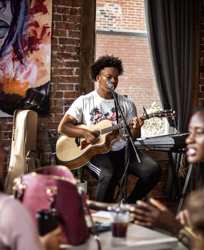 Local San Marcos artist Jalen Stephens, better known as Marcellus Unknown, performs live, Friday, June 22, 2018, at Crown Brew Coffee Co. in Marion, Illinois.